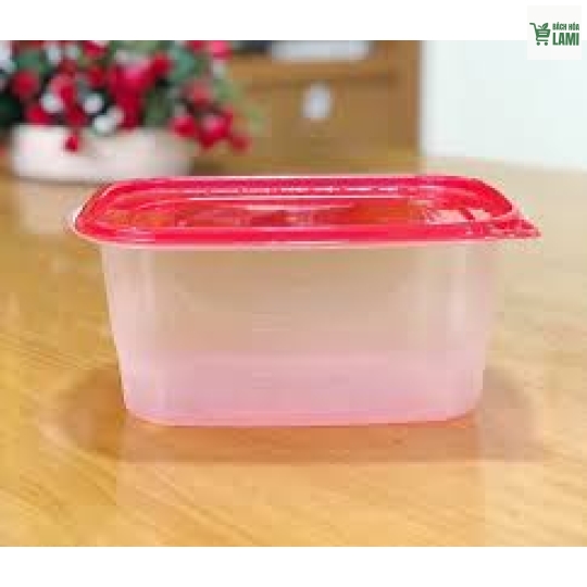 Hộp chữ nhật 1000ml PP Trong + Nắp PP Đỏ (Sọc nhỏ)