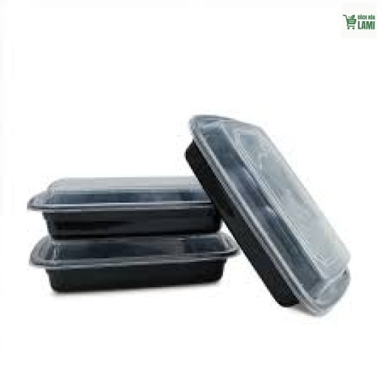 Hộp chữ nhật 48 OZ PP Đen + Nắp PP Trong